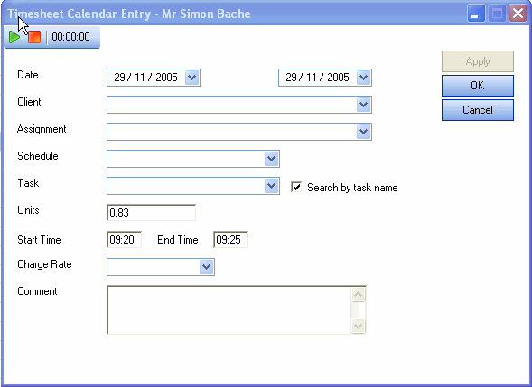 Timesheet Calendar Time Entry window